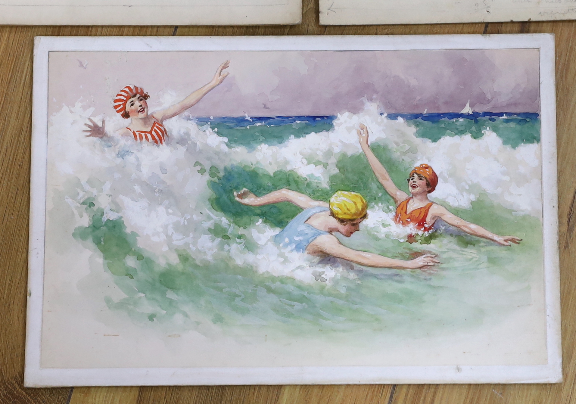 Charles Thomas Howard (1865-1942), three original watercolours for postcard designs, Bathing Girls, one signed, unframed, 27 x 18cm